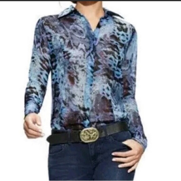 CABI Python Print Button Up Semi Sheer Blouse Blue Large - Picture 9 of 9